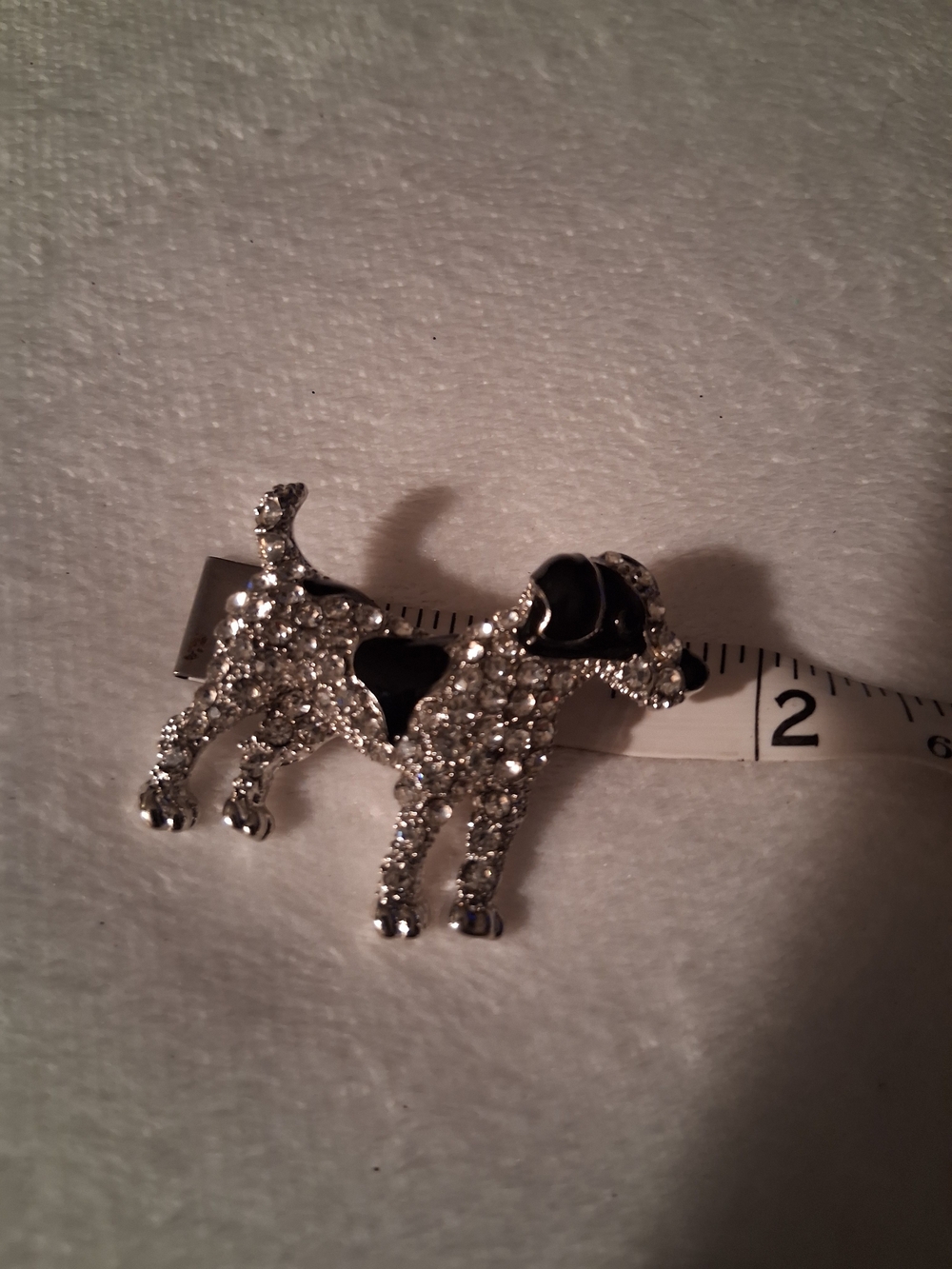 Silver Crystal Dog Brooch Pin with Black Enamel Accents